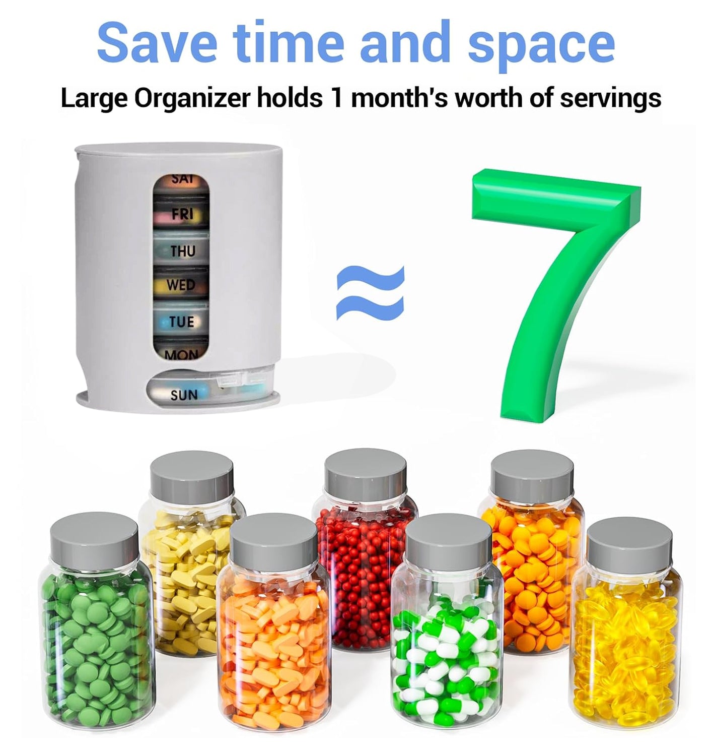 Gray 7-day pill organizer with labeled compartments and small supplement bottles