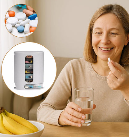 Person holding a pill and glass; inset shows white 7-day pill organizer