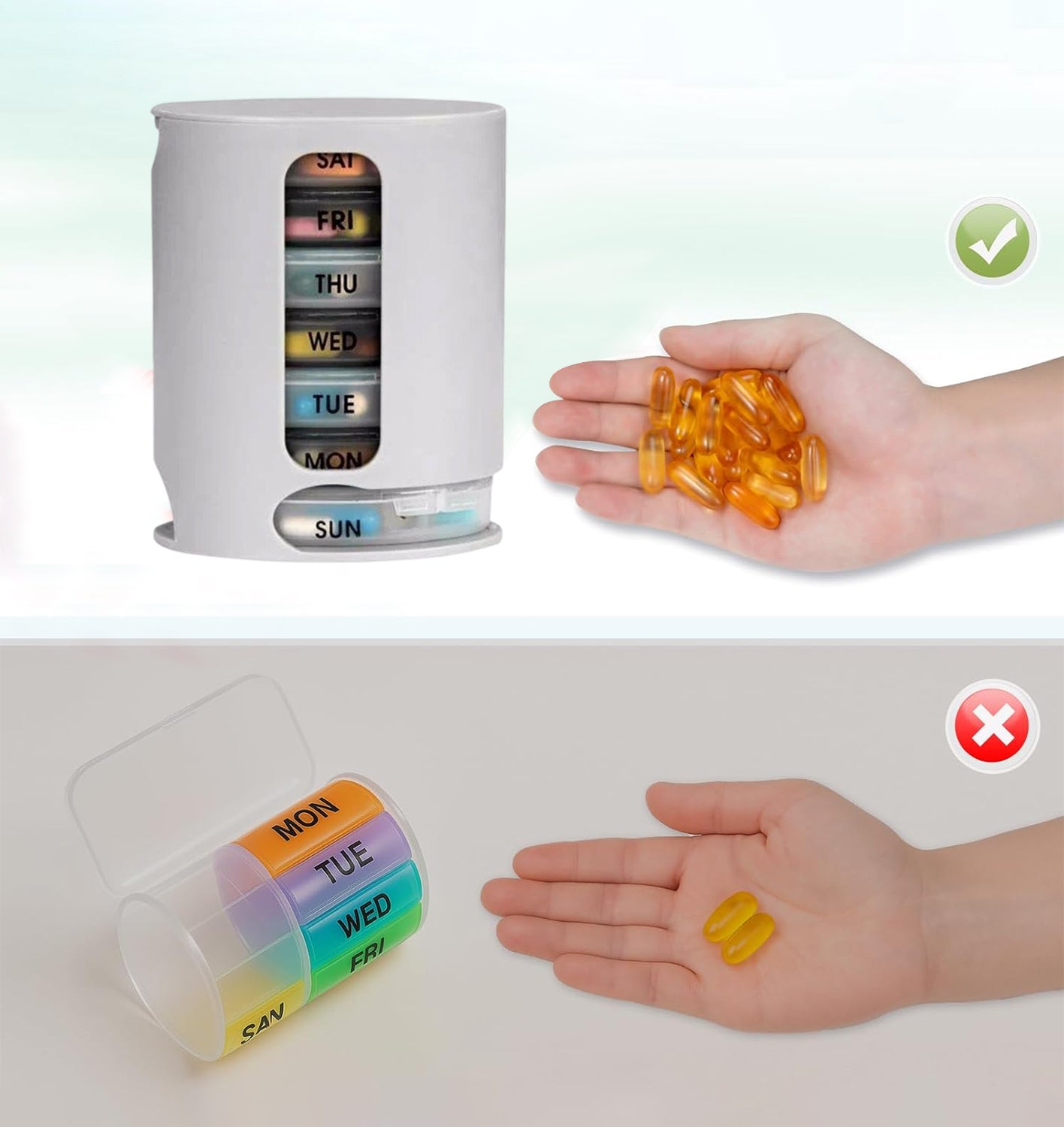 7-day pill organizer with day labels and hand holding orange gel capsules