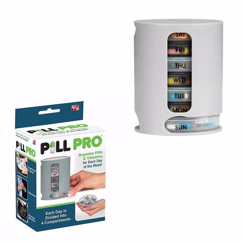 7-day pill organizer with day labels and PILL PRO product box