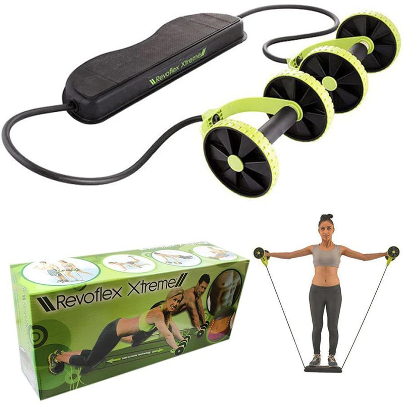 Resistance exerciser wheel with lime green handles, black wheel discs, and strap