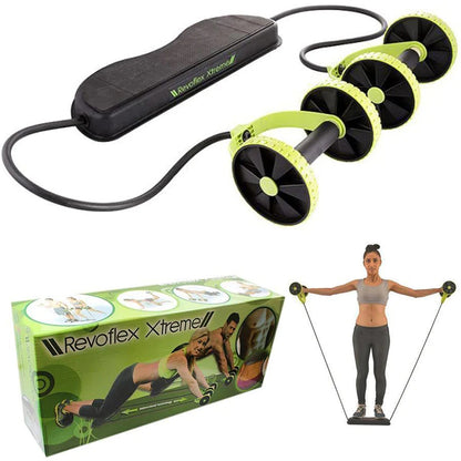 Resistance exerciser wheel with lime green handles, black wheel discs, and strap