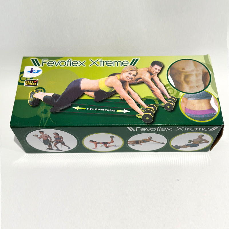 Exercise wheel resistance system box side with workout illustrations and model photo