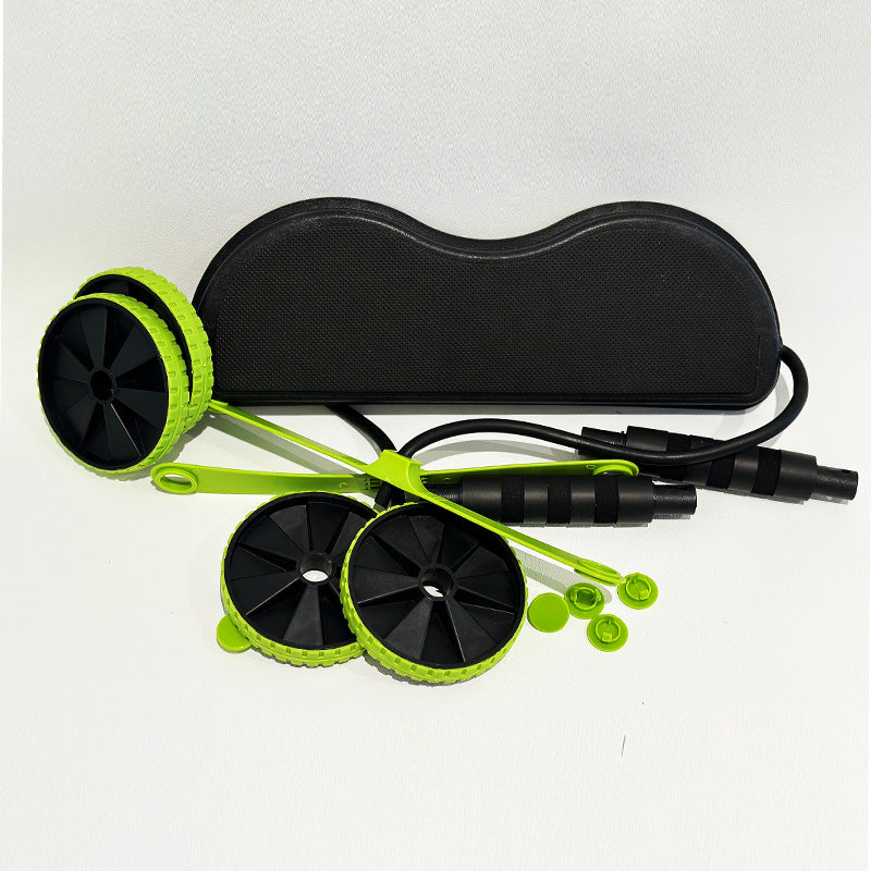 Exerciser wheel set with black wheels, lime frame, and foam hand grips