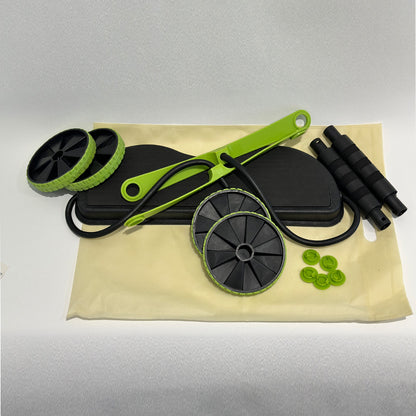 Exerciser wheel components with black base pad, lime straps, and three wheel discs