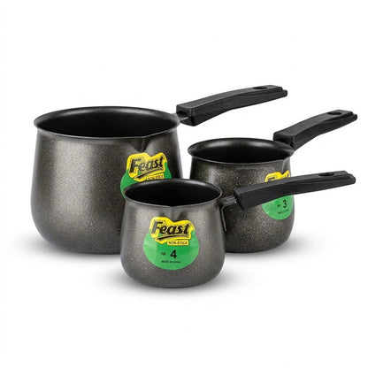 Three-piece stainless steel tea set with three speckled pots and long black handles