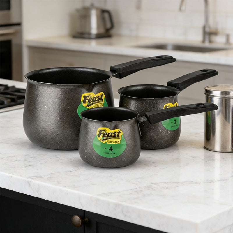 Three-piece stainless steel tea set with three speckled pots and black long handles