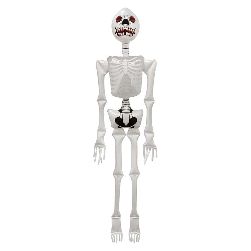 Full-length inflatable white skeleton decoration with red-eyed skull and exposed ribcage