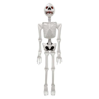 Full-length inflatable white skeleton decoration with red-eyed skull and exposed ribcage