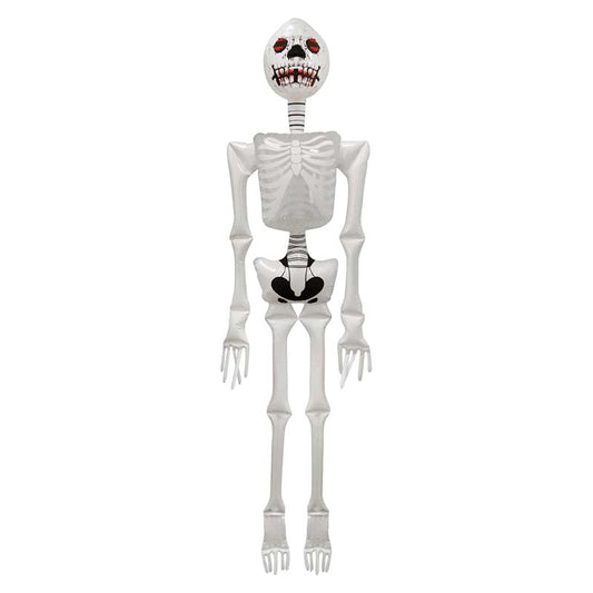 Full-length inflatable white skeleton decoration with red-eyed skull and exposed ribcage