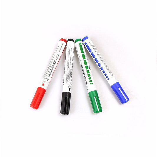 Four whiteboard dry erase pens with colored caps: red, black, green, blue