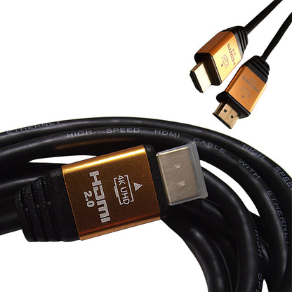 Black HDMI cable with gold-plated HDMI connectors, close-up of plug ends