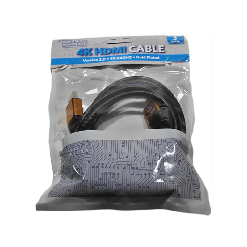 4K HDMI cable in sealed bag, black cable with gold-plated ends, 3 m