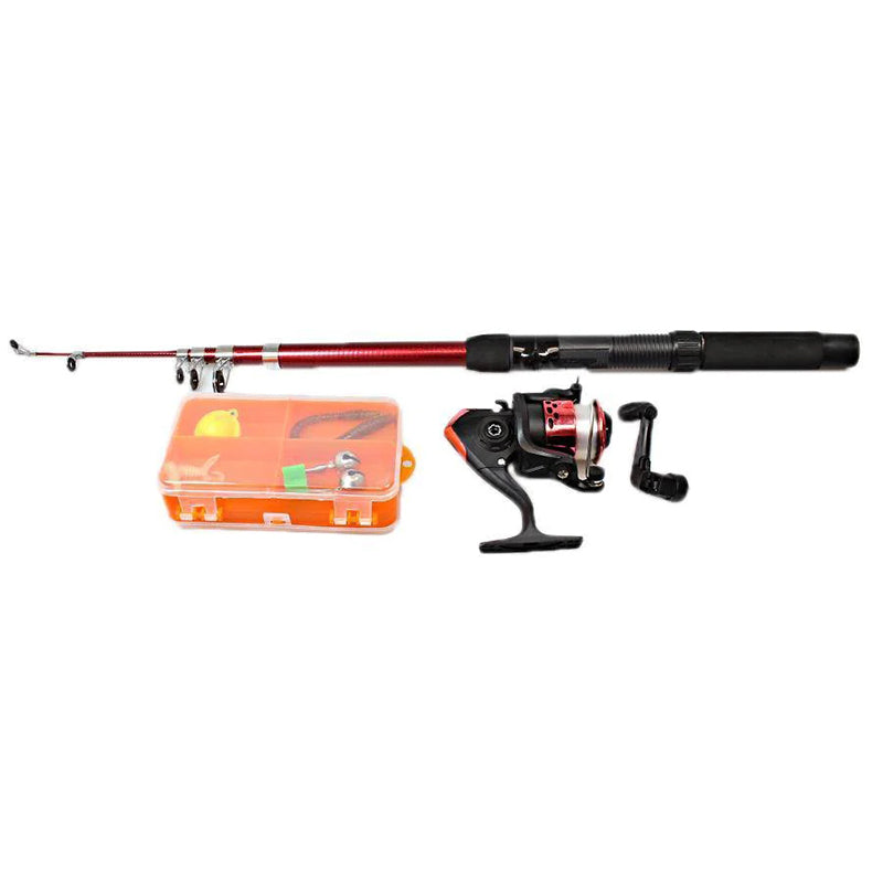 Red telescopic fishing rod with black reel and orange tackle accessory case