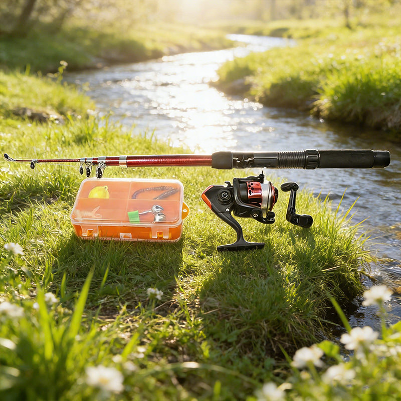 Red telescopic fishing rod with black reel and orange tackle box on grass