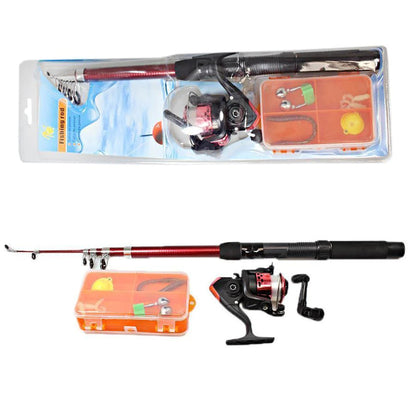 Telescopic fishing rod and reel set with orange tackle case in clear package