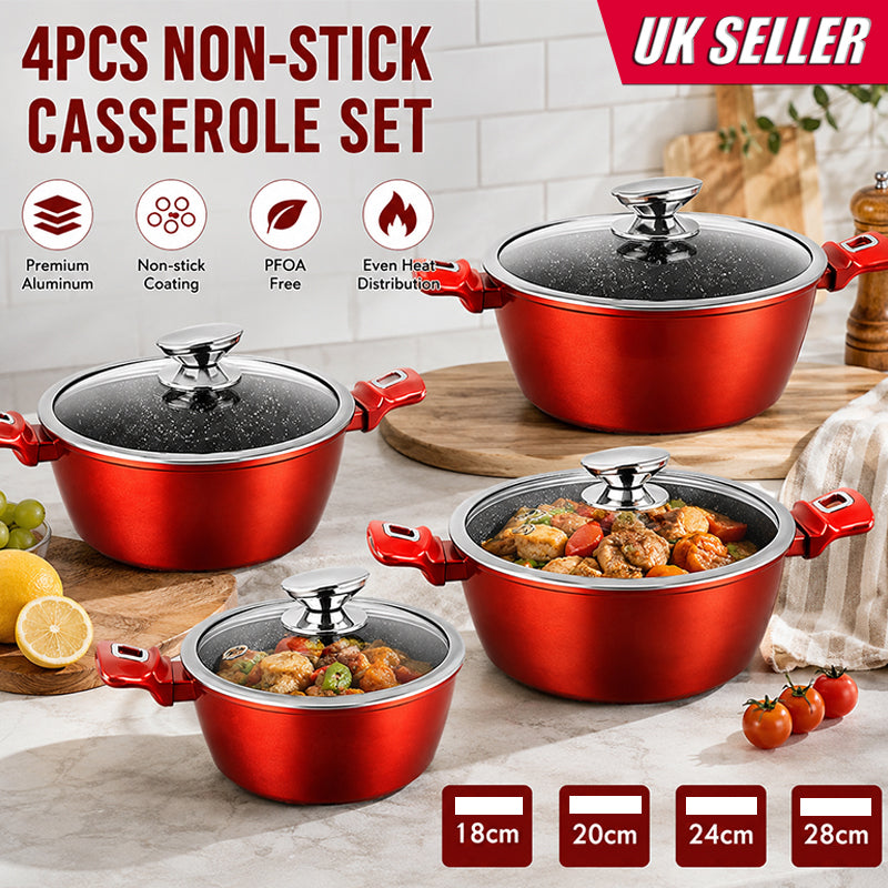 4-piece red casserole set with black lids and red handles, 18–28 cm