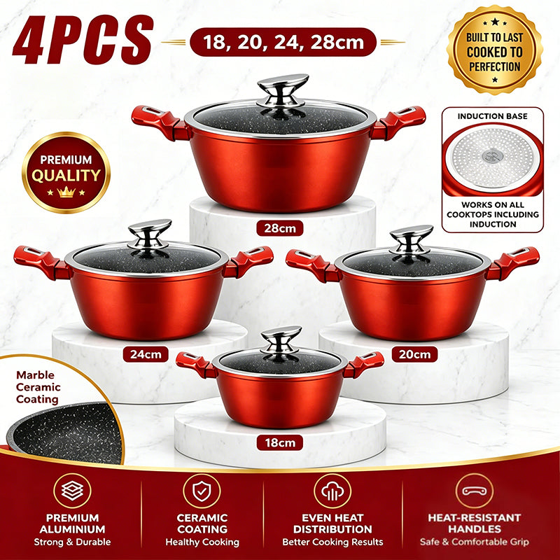 4-piece red casserole set with black lids and red handles, marked 18/20/24/28 cm
