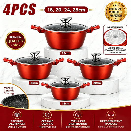 4-piece red casserole set with black lids and red handles, marked 18/20/24/28 cm