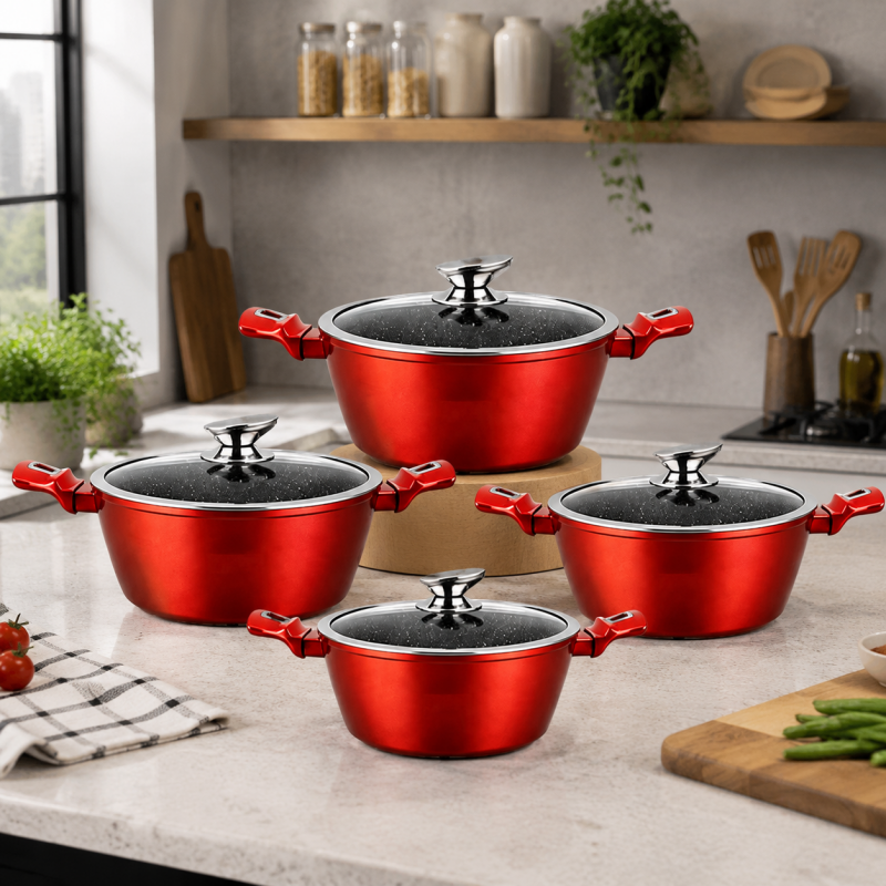 4-piece red casserole cookware set with black lids and red side handles