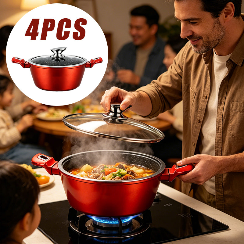 Red casserole pot with black lid and red handles