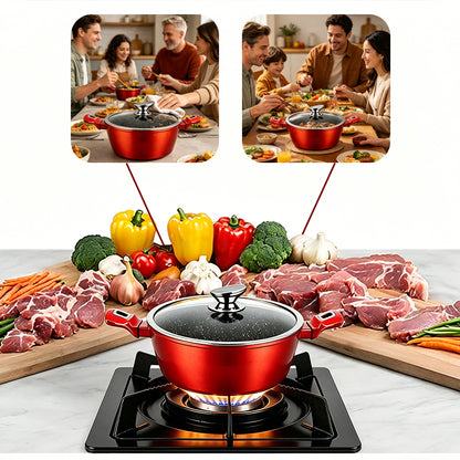 Red casserole pot with black lid and red handles on gas burner