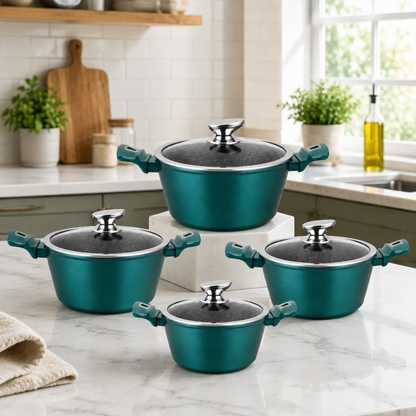 4-piece casserole cookware set, teal aluminum pots with glass lids and teal handles