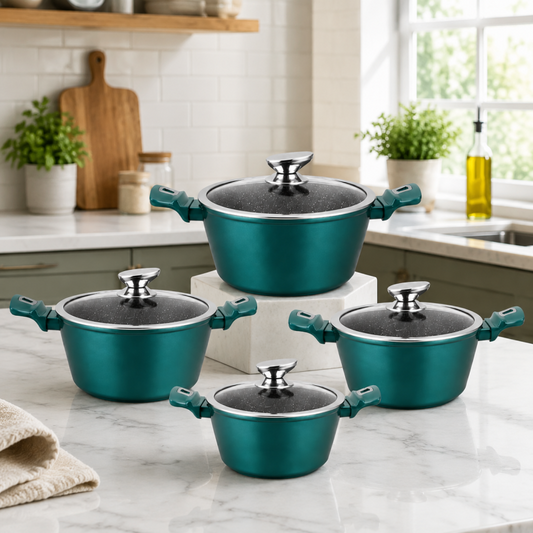 4-piece casserole cookware set, teal aluminum pots with glass lids and teal handles