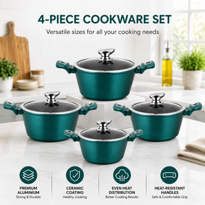 4-piece cookware set with teal pots, glass lids, and teal ergonomic side handles