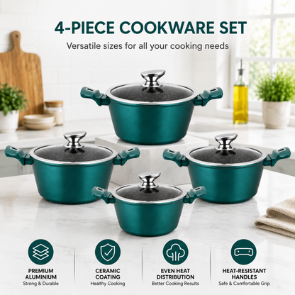 4-piece cookware set with teal pots, glass lids, and teal ergonomic side handles