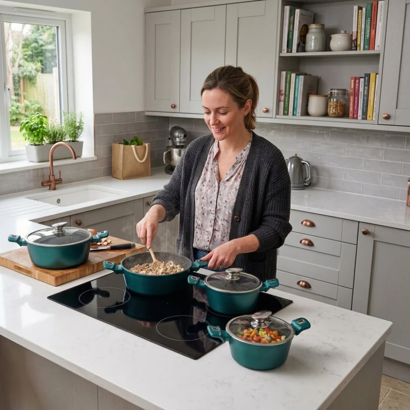 Teal casserole pot with glass lid and teal handles on a stovetop while cooking