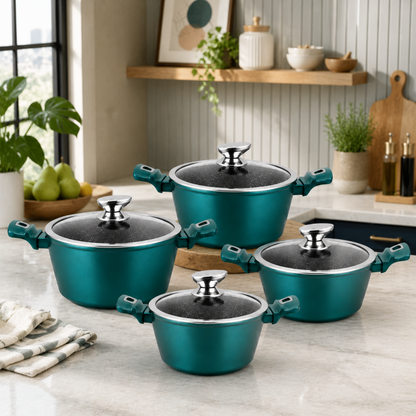 Teal casserole cookware set with four pots and glass lids, matching teal handles