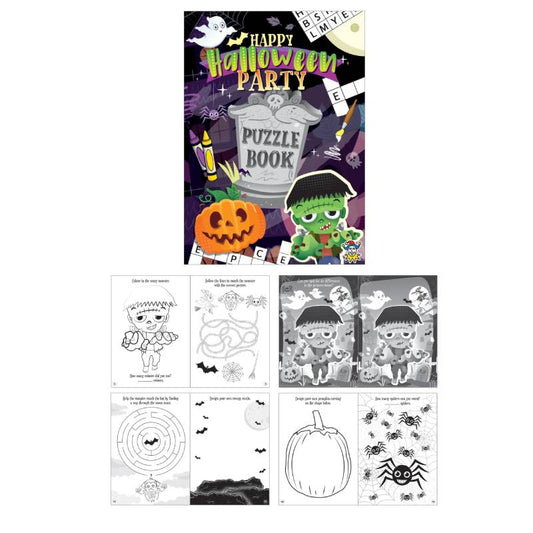 Kids Halloween mini puzzle activity book with cover featuring witch and ghost designs