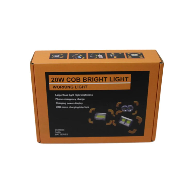 Boxed 20W portable COB work light, black and yellow, emergency phone charging