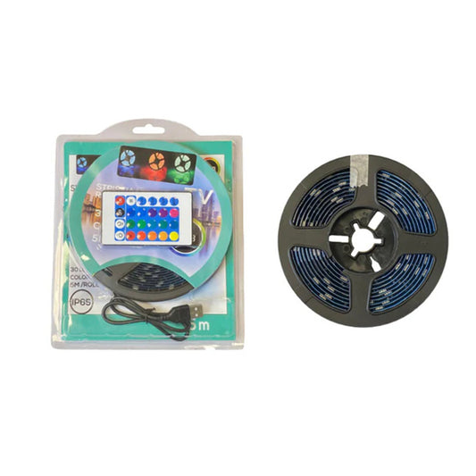 RGB LED strip kit with remote, adhesive tape, and LED reel in retail package