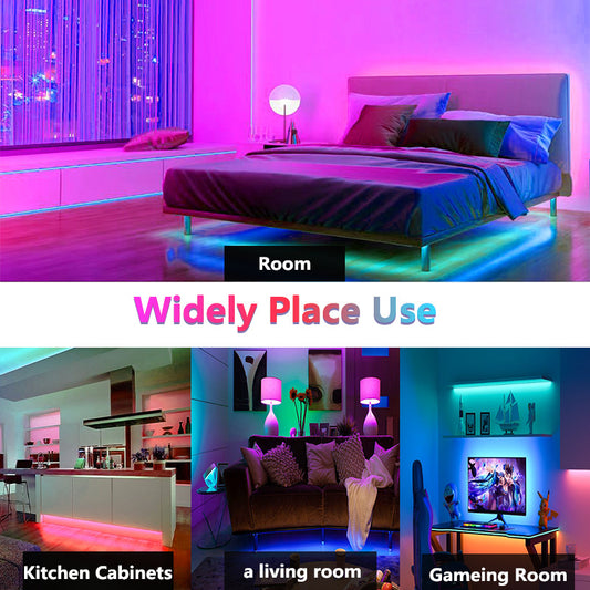 RGB LED strip lighting casting purple and blue glow along bedroom wall and bed area