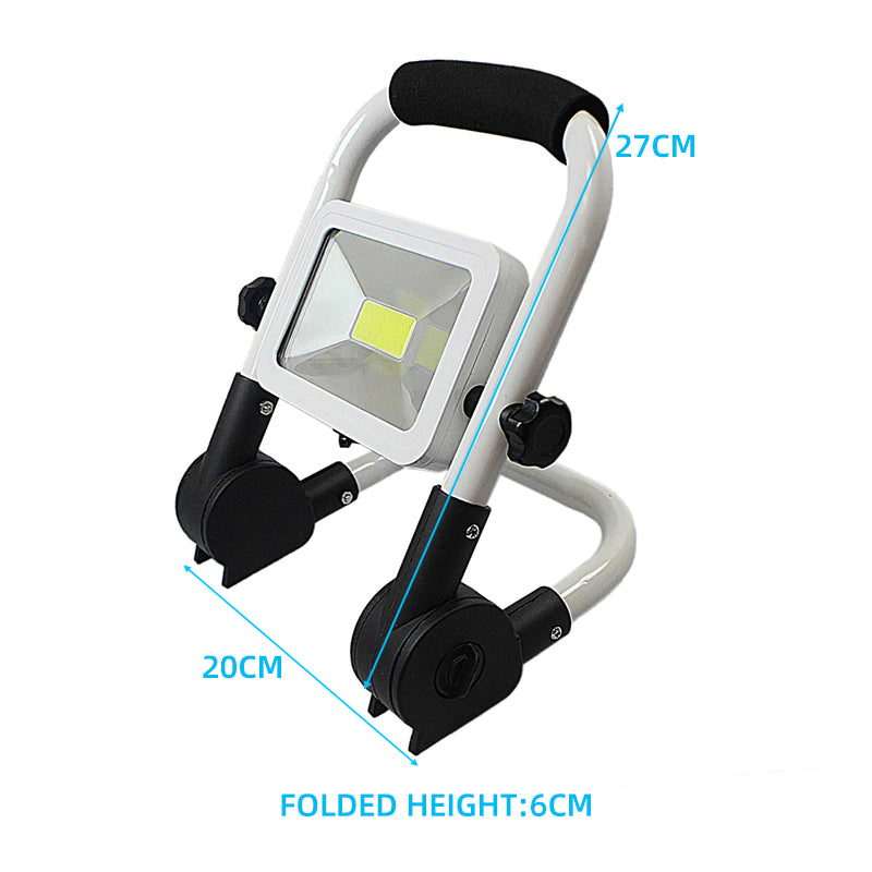 Rechargeable portable spotlight on rotation stand, white frame with black handle and feet