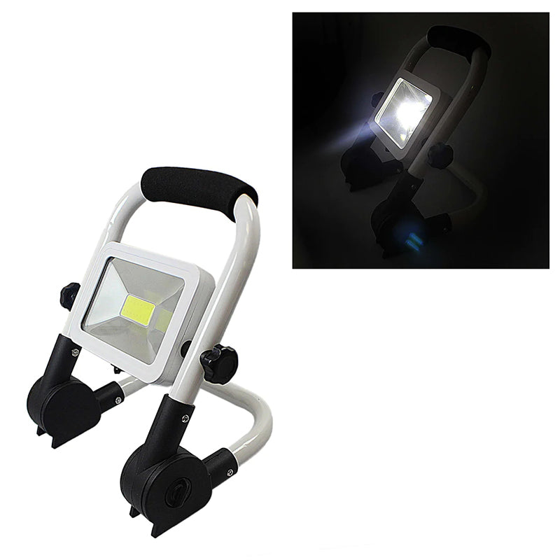 Rechargeable portable search light with rotating stand, white housing and black base