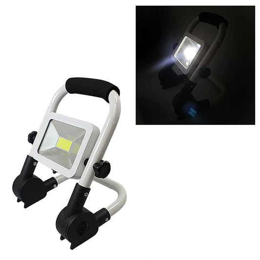 Rechargeable portable search light with rotating stand, white housing and black base