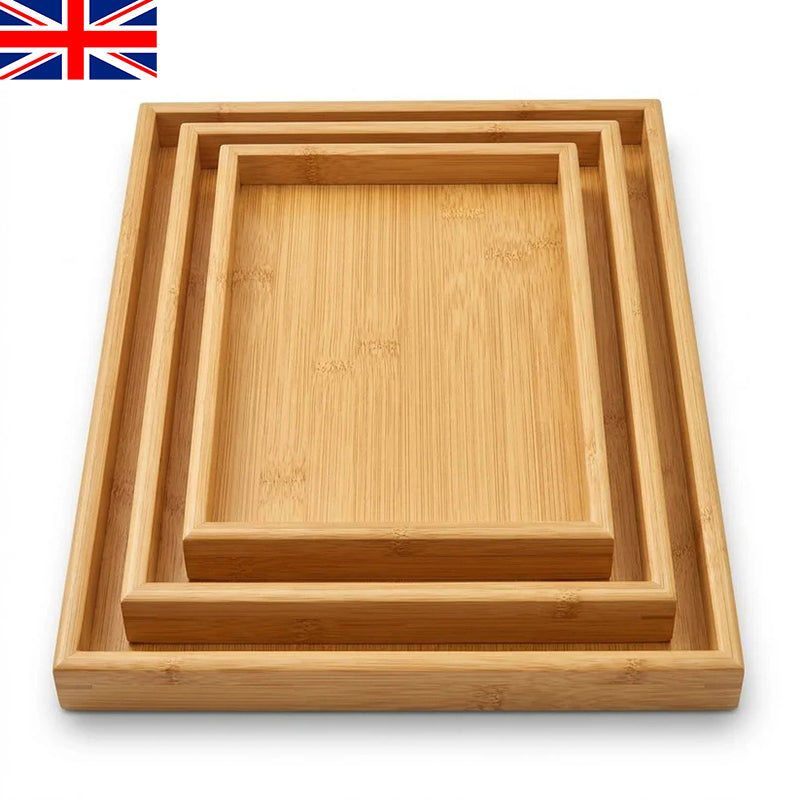 Nested square bamboo serving trays with light wood finish, top view