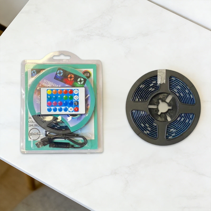 RGB LED strip kit with remote controller and adhesive LED strip spool