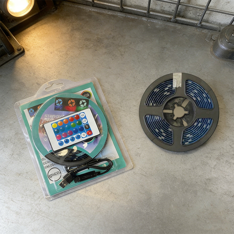 RGB LED strip kit with remote controller and adhesive LED strip spool