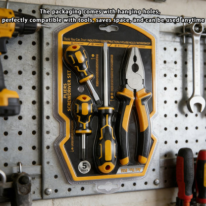 Screwdriver and pliers hand tool set in blister package, yellow-and-black handles