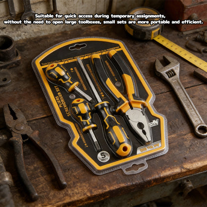 DIY screwdriver and pliers set with multiple bits, yellow handles in clear blister tray