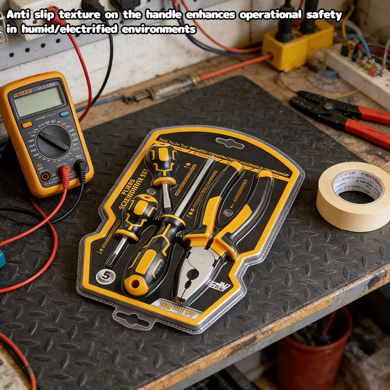 Screwdriver and pliers set in blister case, yellow-and-black tools on rugged surface