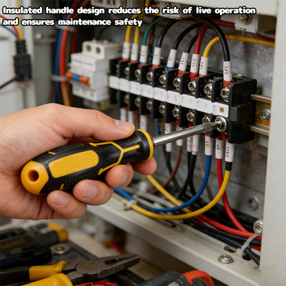 Insulated screwdriver with yellow-black grip held near electrical panel and wiring