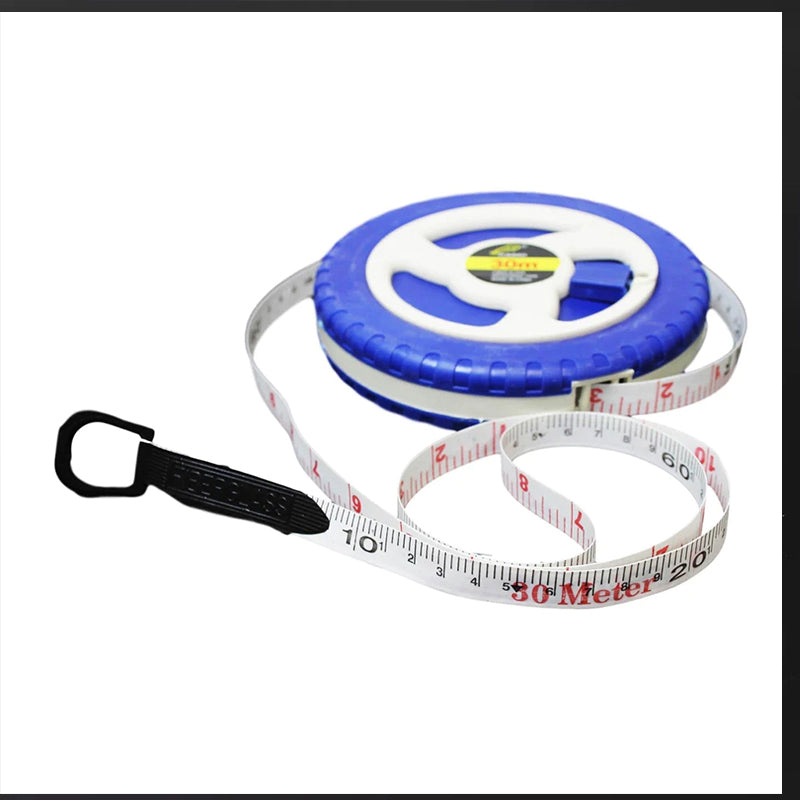 Rolled fiberglass tape measure with black strap and white tape with red and gray markings