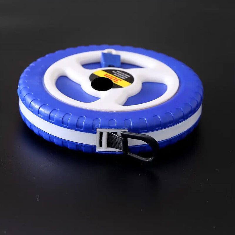 Rolled fiberglass tape measure reel in blue and white with black carry strap