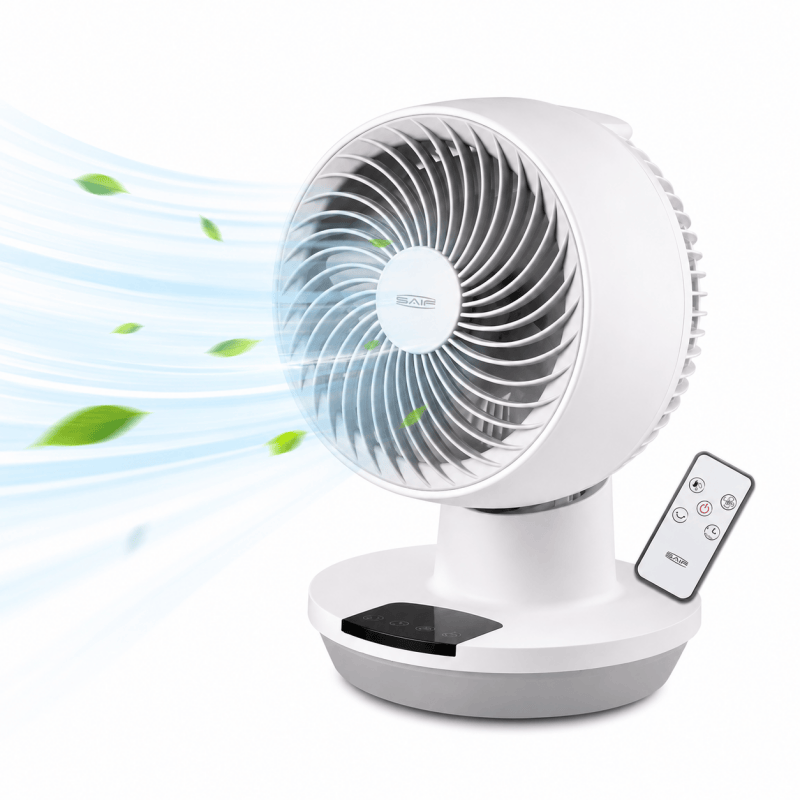 White remote-controlled table fan with front grille and black control panel on round base.