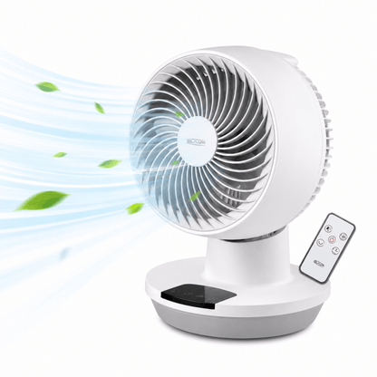 White remote-controlled table fan with front grille and black control panel on round base.
